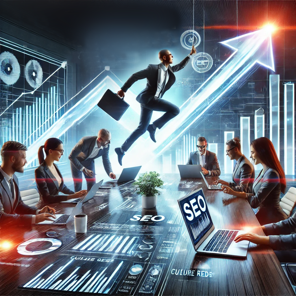 boost-seo-rankings Man jumping upward into a graphic of an upward metric illustrating the power of On-Page or Off-Page SEO.